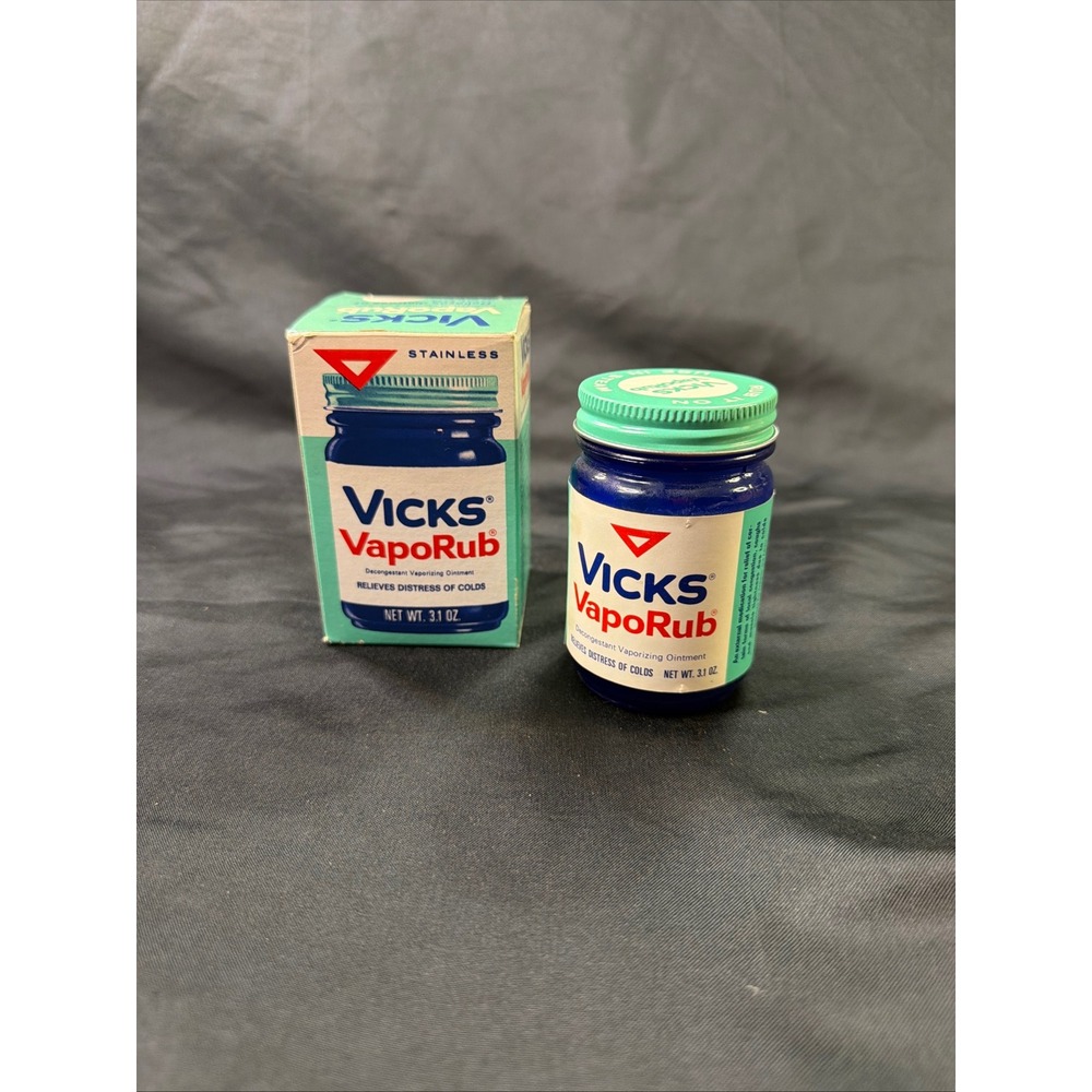 Vintage Vicks VapoRub Cobalt Blue Glass Jar 3.1 oz with Original Box Collectible